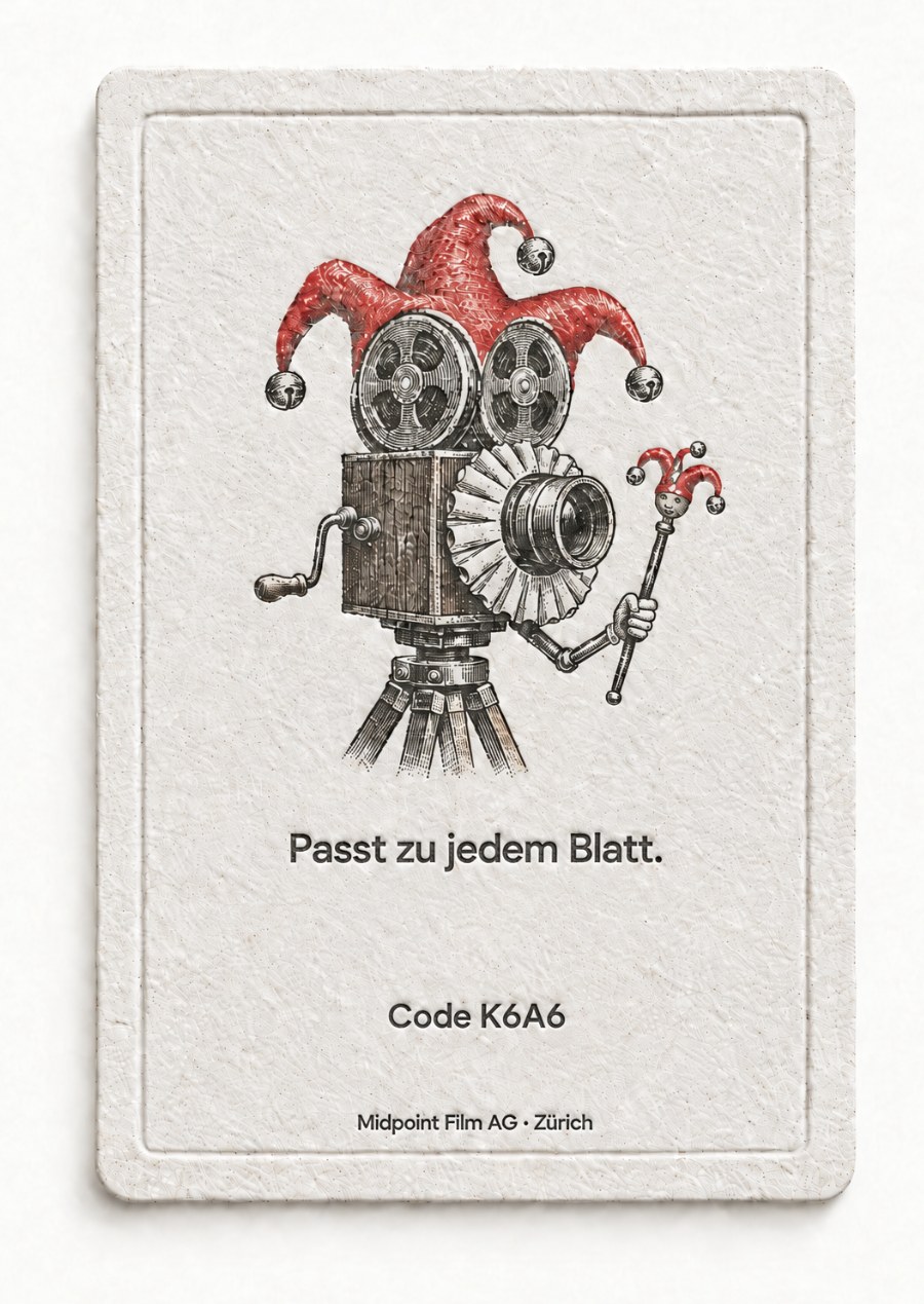 Rückseite: eine Filmkamera als Joker verkleidet. Passt zu jedem Blatt. Code K6A6.